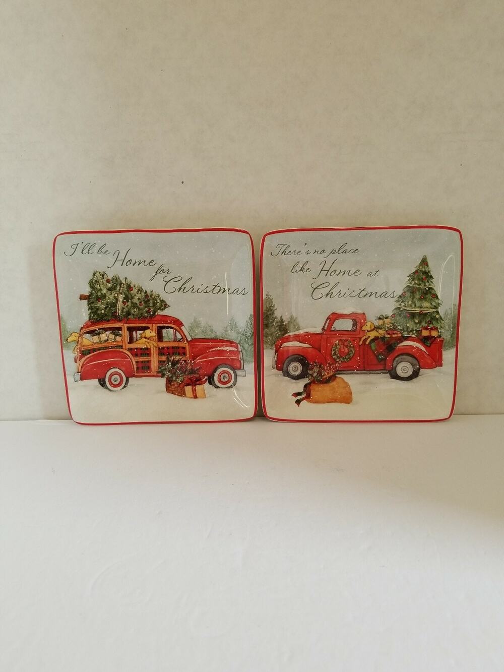 Susan Winget Christmas Red Trucks 6"Square Ceramic Dessert Plates Set Of 2